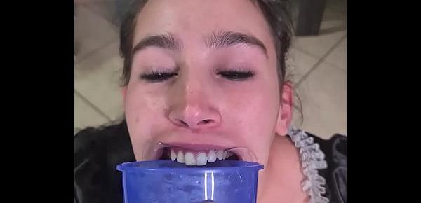  French maid tries to drink her own piss with a lip retractor | funny